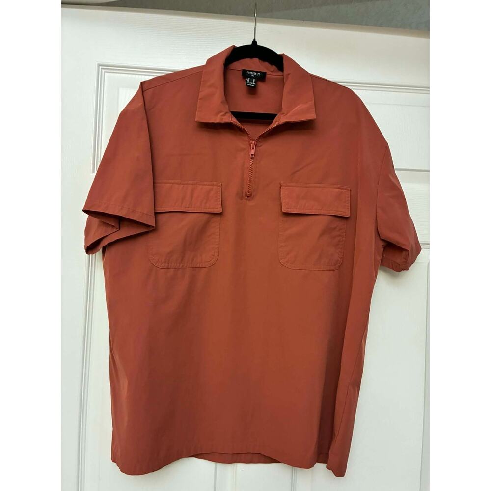 Forever 21 Men M Rust Utility Shirt Short Sleeve 1/4‎ Zip Pockets